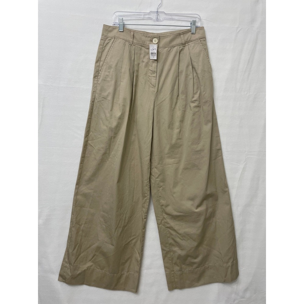 New LOFT Wide Leg Pants size 8 Khaki Pleated High Rise Cotton Trousers Preppy